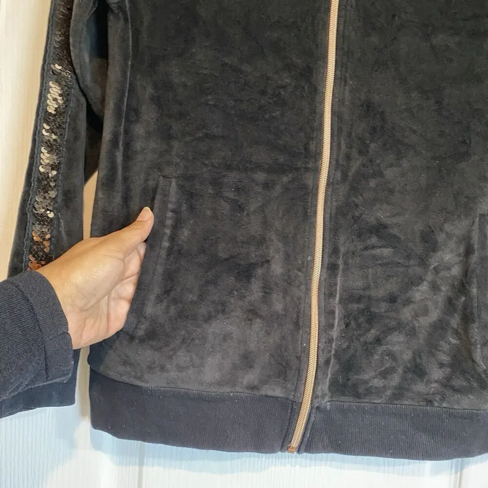 Justice Active Girls Jacket Velour Sequin Zipper Black And Copper size 18-20